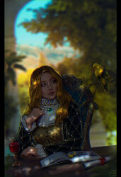 bird blonde_hair book collared_dress cup dress drinking_glass highres jewelry long_hair necklace outdoors pearl_necklace the_witcher_(series) the_witcher_3 vivienne_de_tabris watermark wine_glass