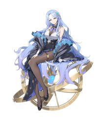 1girl alpha_transparency arm_on_thigh arm_support armillary_sphere bare_shoulders black_shoes blue_bow blue_eyes blue_hair bow breasts bridal_gauntlets bright_pupils cleavage commentary counter:side covered_navel dress earrings full_body grace_birmingham hair_ornament head_tilt highres jewelry large_breasts light_smile long_hair looking_at_viewer pantyhose purple_nails shoes simple_background sitting sitting_on_object solo star_(symbol) star_earrings star_hair_ornament tachi-e thigh_strap transparent_background very_long_hair white_bridal_gauntlets white_pupils