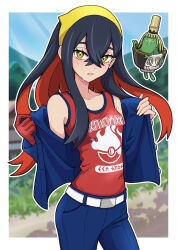 1girl belt black_hair blue_jacket blush carmine_(pokemon) colored_inner_hair crossed_bangs eyelashes gloves hair_between_eyes hairband highres jacket long_hair long_sleeves looking_at_viewer mole mole_under_eye multicolored_hair nintendo open_clothes open_mouth pokemon pokemon_(creature) pokemon_sv red_gloves red_hair red_tank_top shirt single_glove sinistcha smile sweatdrop tank_top two-tone_hair yellow_eyes yellow_hairband yuu_(jgvj7873)