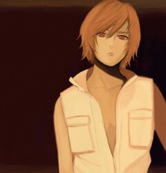 Rule 34 | 1girl, artist name, blonde hair, breasts, center opening, cleavage, closed mouth, commentary, english commentary, hair between eyes, heather mason, hood, hooded jacket, hoodie, jacket, looking at viewer, no bra, no shirt, partially open jacket, red eyes, ricd, short hair, silent hill (series), silent hill 3, sleeveless, sleeveless jacket, small breasts, solo, white hoodie, white jacket