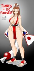 1girl 2020 breasts brown_eyes brown_hair cleavage english_text fatal_fury feet female_focus folding_fan full_body hand_fan highres holding holding_fan large_breasts long_hair looking_at_viewer matching_hair/eyes ninja parted_lips ponytail revealing_clothes shiranui_mai sideboob smile solo standing toes wolfdog