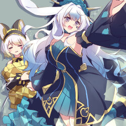 2girls absurdres alice&#039;s_adventures_in_wonderland animal_ears bare_shoulders black_dress black_sleeves blonde_hair checkered_clothes closed_eyes cowboy_shot detached_sleeves diamond_facial_mark dress duel_monster facial_mark frilled_hairband frills gradient_hair green_dress grey_background grey_hair hairband highres holding holding_pillow kanzakietc long_hair long_sleeves maliss_&lt;p&gt;_dormouse maliss_&lt;p&gt;_march_hare mouse_ears mouse_girl multicolored_hair multiple_girls pillow rabbit_ears rabbit_girl short_hair simple_background skirt smile spade_(shape) spade_tattoo tattoo two-tone_hair yu-gi-oh!