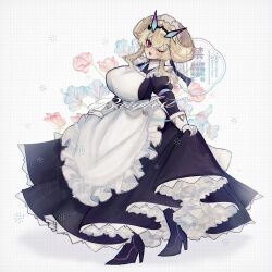 1girl absurdres apron barghest_(fate) barghest_(swimsuit_archer)_(fate) barghest_(swimsuit_archer)_(second_ascension)_(fate) black_dress blonde_hair blush breasts collared_dress dress fate/grand_order fate_(series) full_body gloves green_eyes heterochromia high_heels highres horns large_breasts long_sleeves looking_at_viewer maid maid_headdress medium_hair noa_pisces one_eye_closed open_mouth red_eyes smile solo white_apron white_gloves