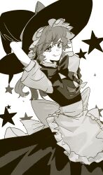 1girl :q absurdres apron arms_behind_head back_bow bow bowtie chinese_commentary commentary_request cowboy_shot frilled_apron frilled_hat frills hat highres kirisame_marisa long_hair monochrome puffy_short_sleeves puffy_sleeves screentones shirt short_sleeves simple_background skirt smile solo star_(symbol) tongue tongue_out touhou vest waist_apron white_background witch_hat xian_qishui