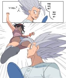 1boy 1girl black_hair couple dragon_ball dragon_ball_super dragon_ball_super_super_hero english_text excited excited_for_sex genniax gohan_beast highres husband_and_wife jumping nervous_sweating panties red_eyes son_gohan speech_bubble spiked_hair surprised sweat thick_thighs thighs underwear videl white_hair