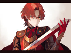 Rule 34 | 1boy, arm up, black shirt, cape, collared shirt, curtained hair, fire emblem, fire emblem engage, fire emblem heroes, gloves, kabitakamaboko, letterboxed, long sleeves, looking ahead, male alear (fell dragon) (fire emblem), male alear (fell dragon child) (fire emblem), male alear (fire emblem), male focus, neck ribbon, nintendo, official alternate costume, official alternate hair color, parted hair, parted lips, red eyes, red gloves, red hair, red ribbon, ribbon, shirt, solo, sword, upper body, weapon, white background