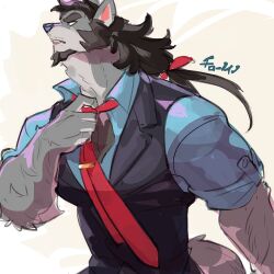 1boy adjusting_clothes adjusting_necktie bara black_hair black_vest blue_shirt cilohnoino collared_shirt furry furry_male long_hair male_focus necktie original parted_lips shirt short_sleeves thick_eyebrows vest wolf_boy