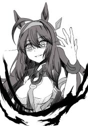 ahoge animal_ears breasts detached_sleeves highres horse_ears horse_girl horseshoe_ornament leotard long_hair masaki_(masaki_470) medium_breasts mihono_bourbon_(umamusume) monochrome neck simple_background smirk umamusume white_background white_leotard