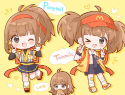 &gt;_o 1girl 3girls ;d ahoge back_bow badge bandaid bandaid_on_knee bandaid_on_leg black_arm_warmers black_eyes blue_necktie blue_shorts blue_skirt bow brown_hair burger button_badge chibi chibi_only deformed double_v dual_persona employee_uniform fast_food_uniform food geta hairband hands_up heart highres holding holding_burger holding_food imadake_dabuchi_tabemi japanese_clothes kimono light_blush mcdonald&#039;s mike_mochi multiple_girls necktie one_eye_closed open_happi open_mouth palms pleated_skirt ponytail red_bow red_hairband samurai_tamago_tabemi shirt shorts simple_background skirt smile socks speech_bubble striped_clothes striped_kimono striped_shirt tie_clip twintails v v-shaped_eyebrows vertical-striped_clothes vertical-striped_kimono vertical-striped_shirt visor_cap white_socks yellow_background yellow_happi
