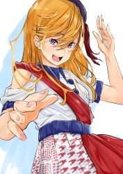 1girl absurdres belt beret blue_belt blue_hat clothing_cutout commentary_request hair_between_eyes hand_up hat highres looking_at_viewer love_live! love_live!_superstar!! medium_hair open_mouth orange_hair purple_eyes shibuya_kanon short_sleeves shoulder_cutout solo start!!_true_dreams_(love_live!) teeth tommer upper_body upper_teeth_only