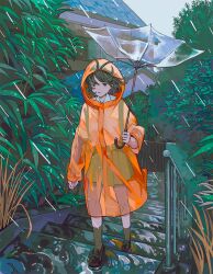1girl architecture banister black_eyes black_hair black_shoes black_socks commentary east_asian_architecture highres holding holding_umbrella house inverted_umbrella loafers looking_at_viewer nanakawa_(nanasoon) on_stairs open_mouth orange_raincoat original plant pleated_skirt rain raincoat see-through_clothes see-through_raincoat shirt shoes short_hair skirt socks solo stairs suspender_skirt suspenders umbrella water wet white_shirt wind window
