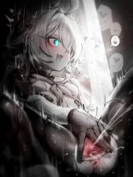 1girl blue_eyes blur_censor censored eudie_(shadowverse) female_ejaculation female_masturbation gloves greyscale heart highres kupa_(jesterwii) long_hair masturbation monochrome open_mouth pussy pussy_juice ralmia_(shadowverse) shadowverse sitting solo spoken_heart