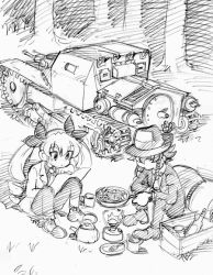 10s 2girls alternate_costume anchovy_(girls_und_panzer) arsene_lupin_iii arsene_lupin_iii_(cosplay) asari_yoshitoo bottle bow box braid camping carro_veloce_cv-33 cigarette cooking cosplay covered_eyes cup drill_hair fedora fire food forest fork frying_pan girls_und_panzer grass greyscale hair_bow hair_over_eyes halogen15 hand_on_own_chin hat head_rest jacket jigen_daisuke jigen_daisuke_(cosplay) lupin_iii map mess_kit military military_vehicle monochrome motor_vehicle mug multiple_girls nature necktie night parody pasta pepperoni_(girls_und_panzer) side_braid single_braid sitting sketch smoking spaghetti suit_jacket tank teapot twin_drills wine_bottle