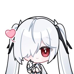 1girl bodysuit breasts chibi cinderella_(nikke) cleavage cleavage_cutout clothing_cutout commentary deformed gloves goddess_of_victory:_nikke hair_over_one_eye hand_up heart long_hair looking_at_viewer lowres momori_sensei navel_cutout red_eyes simple_background smile solo twintails v very_long_hair white_background white_hair