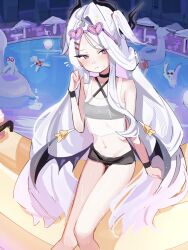 1girl absurdres ahoge alternate_costume bikini blue_archive blush coa_(35_seno) demon_girl demon_horns demon_wings eyewear_on_head flat_chest highres hina_(blue_archive) horns long_hair looking_at_viewer navel outdoors pool poolside purple_eyes sitting solo stomach swimsuit thighs white_hair wings