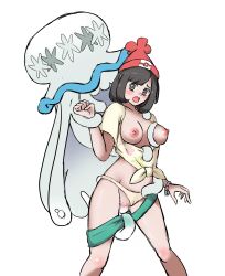1girl absurdres black_hair bracelet breasts censored clothing_aside gen_7_pokemon grabbing_another&#039;s_breast grey_eyes groping hat highres jewelry mosaic_censoring nihilego nintendo nipples nivi open_mouth panties panties_aside pokemon pokemon_sm pokephilia pulling_another&#039;s_clothes pussy selene_(pokemon) shirt short_hair tentacles tied_shirt ultra_beast underwear white_background