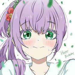 1girl 3: blush closed_mouth collarbone commentary_request confetti dress flower frown green_eyes hair_bun hair_flower hair_ornament happy_birthday hasu_no_sora_school_uniform highres jin_(oihlf) link!_like!_love_live! long_hair looking_at_viewer love_live! otomune_kozue portrait puffy_short_sleeves puffy_sleeves purple_hair red_flower sailor_collar sailor_dress school_uniform short_sleeves side_ponytail sidelocks single_side_bun solo split_mouth straight-on summer_uniform virtual_youtuber white_dress white_sailor_collar