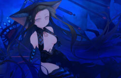 1girl absurdres bare_shoulders black_dress black_hair blue_background blue_eyes blunt_bangs breasts china_dress chinese_clothes daisi_gi detached_sleeves dress elbow_gloves fate/grand_order fate_(series) gloves hair_between_eyes hair_bun hair_ornament highres leaf_hair_ornament long_hair looking_at_viewer sidelocks_tied_back simple_background solo thighs upper_body very_long_hair yang_guifei_(fate) yang_guifei_(third_ascension)_(fate)