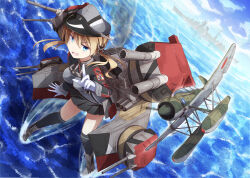 1girl :d aircraft airplane anchor_hair_ornament black_socks blonde_hair blue_eyes blue_sky breasts commentary_request gloves grey_hat hair_ornament hat kantai_collection kneehighs long_hair long_sleeves looking_at_viewer ocean open_mouth peaked_cap pleated_skirt prinz_eugen_(kancolle) rigging ship skirt sky smile socks solo tri twintails watercraft white_gloves