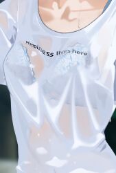 1girl bra bra_visible_through_clothes breast_focus breasts close-up clothes_writing collarbone hayakawa_sena_(pei_iriya) highres original pei_iriya see-through_clothes see-through_shirt shirt solo t-shirt underwear wet wet_clothes wet_shirt white_bra