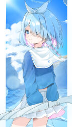 1girl 966_kururu_966 absurdres arms_behind_back arona_(blue_archive) blue_archive blue_eyes blue_hair blue_shirt braid closed_mouth cloud cloudy_sky collar colored_inner_hair from_behind hair_over_one_eye hairband highres holding holding_umbrella light_smile multicolored_hair pink_hair pleated_skirt shirt short_hair sidelocks single_braid skirt sky smile solo two-tone_hair umbrella white_collar white_hairband white_skirt white_umbrella
