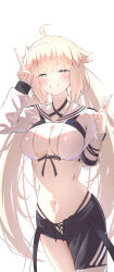 1girl ahoge artoria_caster_(fate) artoria_caster_(swimsuit_berserker)_(fate) artoria_caster_(swimsuit_berserker)_(first_ascension)_(fate) artoria_pendragon_(fate) asymmetrical_clothes bikini black_pants blonde_hair blush breasts cleavage cropped_jacket fate/grand_order fate_(series) green_eyes grin highres jacket long_hair long_sleeves looking_at_viewer medium_breasts navel pants revision shrug_(clothing) single_pantsleg smile solo swimsuit thighs twintails umi_endu white_bikini white_jacket
