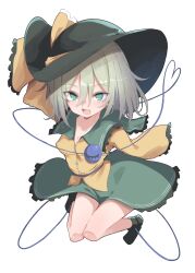 1girl @_@ black_hat breasts chipa_(arutana) contrast_collar covered_erect_nipples full_body green_hair green_skirt grey_hair hat heart highres koishi_day komeiji_koishi long_sleeves medium_hair shirt skirt sleeves_past_wrists small_breasts solo third_eye touhou yellow_shirt