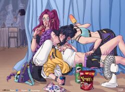 1boy 3girls absurdres bobby_(kpop_demon_hunters) body_markings can crop_top double_bun drink_can dutch_braided_ponytail food hair_bun highres imminent_kiss kpop_demon_hunters lap_pillow maryneelahaye mira_(kpop_demon_hunters) multiple_girls polygamy popsicle purple_hair rumi_(kpop_demon_hunters) short_shorts shorts soda_bottle soda_can twintails zoey_(kpop_demon_hunters)