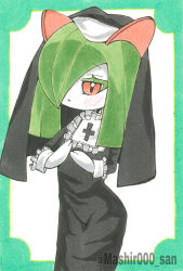 Rule 34 | 1girl, amaki mashiro, artist name, black dress, black veil, blush, border, clothed pokemon, colored eyelashes, colored skin, cowboy shot, cross, dress, female focus, flat chest, gen 3 pokemon, green border, green hair, hair over one eye, hands up, highres, kirlia, latin cross, long dress, long sleeves, looking at viewer, medium hair, nintendo, nun, one eye covered, outside border, parted lips, pokemon, pokemon (creature), red eyes, sidelocks, simple background, solo, standing, traditional media, twitter username, veil, watermark, white background, white skin