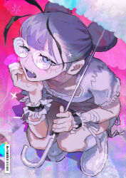 1girl absurdres blue_eyes coke-bottle_glasses colored_tongue commentary_request double_bun dress fang from_above full_body glasses hair_bun hand_on_own_chin highres holding holding_umbrella looking_at_viewer multicolored_hair open_mouth original pink_background puffy_short_sleeves puffy_sleeves purple_hair purple_tongue round_eyewear shoes short_hair short_sleeves solo sparkle squatting sweat umbrella white_dress white_shoes wrist_cuffs yasutatsu_(amazu)