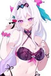 Rule 34 | 1girl, bikini, bracelet, breasts, cleavage, commentary, criss-cross halter, flower bracelet, hair between eyes, hair intakes, hair ornament, halterneck, highres, honkai (series), honkai impact 3rd, jewelry, large breasts, licking lips, linea alba, long hair, looking at viewer, medium breasts, navel, official alternate costume, purple bikini, purple eyes, scrunchie, simple background, solo, stomach, swimsuit, tdatnst, thelema nutriscu, tongue, tongue out, upper body, very long hair, white background, white hair, wrist scrunchie