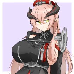 Rule 34 | 1girl, absurdres, arknights, beret, black horns, black shirt, border, breasts, closed mouth, clothing cutout, crossed bangs, green eyes, hair between eyes, hat, highres, horns, large breasts, long hair, looking at viewer, outside border, pink hair, pointy ears, purple background, red hat, red pupils, shirt, sideboob, simple background, smile, solo, split mouth, ulsulah (arknights), white border, xibu cai