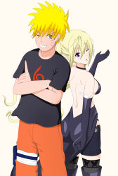 1boy 1girl absurdres ass babydoll blonde_hair blowing_kiss breasts crossover gloves grin highres large_breasts legs lieselotte_sherlock long_hair looking_at_viewer looking_back naruto_(series) one_eye_closed pants puckered_lips purple_eyes shirt short_hair shorts sideboob smile teeth thighs thong trinity_seven twintails uzumaki_naruto whale_tail_(clothing) wink yellow_eyes