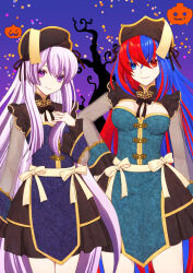 2girls alear_(female)_(fire_emblem) alear_(fire_emblem) alternate_costume black_hair blue_hair breasts chinese_clothes cleavage closed_mouth commentary_request crossed_bangs fire_emblem fire_emblem_engage grey_hair hair_between_eyes halloween halloween_costume hand_on_own_hip heterochromia highres jiangshi_costume medium_breasts multicolored_hair multiple_girls nintendo purple_eyes red_eyes siblings sisters small_breasts smile split-color_hair sylphy_fe two-tone_hair veyle_(fire_emblem)