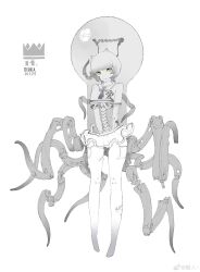 1girl arms_behind_back closed_mouth clothes_writing crop_top cropped_shirt crown_(symbol) cyborg dated full_body highres light_bulb liren44 looking_at_viewer machine mechanical_legs mechanical_spine mechanical_tentacles metal miniskirt monochrome original pleated_skirt sailor_collar science_fiction shirt short_hair short_sleeves skirt smile solo spot_color watermark weibo_watermark what yellow_eyes