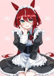1girl absurdres alternate_costume blush breasts enmaided green_eyes hair_between_eyes hair_ornament highres horse_girl kanameyuzuriha looking_at_viewer low_twintails maid maid_day maid_headdress open_mouth pink_background simple_background sitting small_breasts solo sweat twintails umamusume win_variation_(umamusume)