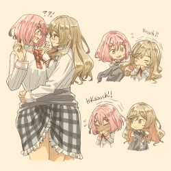 Rule 34 | !?, 2girls, amaori renako, anjuro zeeku, ashigaya high school uniform, black skirt, blush, bow, bowtie, brown eyes, brown hair, collared shirt, commentary, hand on another&#039;s waist, highres, long hair, long sleeves, multiple girls, pink eyes, pink hair, plaid clothes, plaid skirt, red bow, red bowtie, school uniform, sena ajisai, shirt, simple background, skirt, smile, watashi ga koibito ni nareru wake naijan murimuri!, white shirt, yellow background, yuri