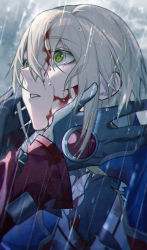 2boys absurdres blazblue blonde_hair blood blood_on_face blue_coat coat gloves green_eyes hand_on_own_face highres jacket kisaragi_jin multiple_boys ragna_the_bloodedge rain red_jacket set_xshiver tears torn_clothes