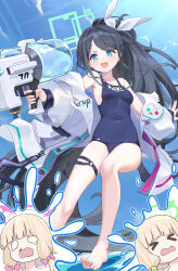 &gt;_&lt; 3girls absurdres alternate_costume aris_(blue_archive) bare_shoulders barefoot black_hair blank_eyes blonde_hair blue_archive blue_eyes blue_one-piece_swimsuit blush bow green_bow hair_bow highres holding holding_water_gun jacket lazgear long_hair midori_(blue_archive) momoi_(blue_archive) multiple_girls o_o official_alternate_hairstyle one-piece_swimsuit open_mouth pink_bow ponytail swimsuit teardrop water_gun wavy_mouth white_jacket
