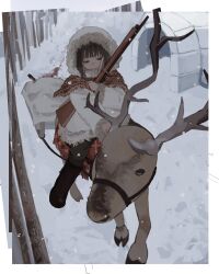 1girl black_hair boots breath coat gloves gun highres holding isa_(31q_13) original rifle snow snowing solo weapon white_coat winter_clothes