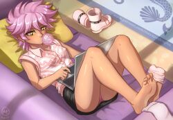 1girl barefoot boots chewing_gum computer feet laptop lying maxa&#039; medium_hair miniskirt on_back panties pantyshot pink_hair shoes skirt socks soles toes underwear unworn_boots unworn_shoes unworn_socks yellow_eyes