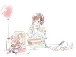Rule 34 | 2girls, balloon, brown eyes, brown hair, cake, cup, dragon, dragon horns, dragon tail, eating, food, gecko zen, horns, icing, layered sleeves, long sleeves, measuring cup, medium hair, mixing bowl, multiple girls, original, pastry bag, short over long sleeves, short sleeves, simple background, sleeves rolled up, tail, tama gotoh, tongue, tongue out, virtual youtuber, vshojo, white background, yoruny, zentreya