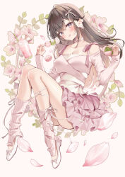 1girl :q bare_shoulders blush bow breasts brown_hair choker closed_mouth collarbone earrings flower hair_bow hair_flower hair_ornament hair_ribbon highres jewelry long_hair long_sleeves looking_at_viewer medium_breasts original pink_shirt pink_skirt purple_eyes ribbon shirt shoes sidelocks sitting skirt smile solo tongue tongue_out white_bow white_choker white_ribbon yugaa