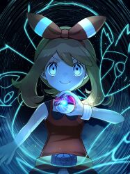 1girl blue_eyes breasts brown_hair commentary commentary_request english_commentary gen_3_pokemon hair_ribbon highres holding holding_poke_ball latias latios legendary_pokemon master_ball may_(pokemon) medium_hair mega_ring mega_stone mixed-language_commentary night night_sky nintendo poke_ball pokemon pokemon_(creature) pokemon_oras red_ribbon red_shirt ribbon shirt sky sleeveless sleeveless_shirt smile umirunie