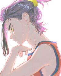 1boy black_hair closed_mouth commentary_request from_side highres iogi_(edrin_alfari) kieran_(pokemon) male_focus mole mole_on_neck multicolored_hair nintendo pokemon pokemon_sv purple_hair red_tank_top simple_background sleeveless solo sweat tank_top twitter_username upper_body white_background yellow_eyes