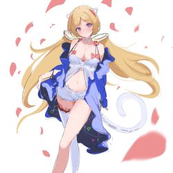 1girl aki_rosenthal animal_ears bare_shoulders blonde_hair blurry blush bow breasts cat_ears cat_tail cherry_blossoms choker cleavage closed_mouth collarbone commentary_request depth_of_field detached_hair detached_sleeves full_body groin hair_ornament highres hololive long_hair long_sleeves looking_at_viewer medium_breasts menomeno_draw navel off_shoulder open_clothes petals purple_eyes simple_background single_thighhigh skirt solo standing stomach tail thighhighs thighs twintails very_long_hair virtual_youtuber white_background white_thighhighs