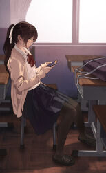 1girl bag black_pantyhose bow bowtie cellphone classroom curtains desk hair_ribbon highres holding holding_phone indoors original pantyhose phone ponytail ribbon school_bag school_uniform shadow sitting smartphone solo window yewang19 yu_xuan_(yewang19)