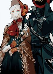 Rule 34 | 1girl, 1other, aislan, ascot, black jacket, bloodborne, blue eyes, bonnet, brown cloak, cloak, clock, cosplay, cowboy shot, dante (limbus company), dress, faust (project moon), highres, hunter (bloodborne), hunter (bloodborne) (cosplay), jacket, limbus company, medium hair, object head, plain doll, plain doll (cosplay), project moon, red ascot, simple background, white hair
