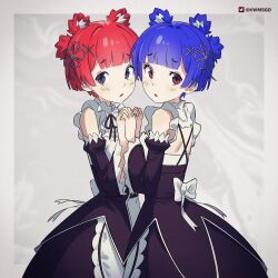 2girls :o alternate_costume animal_ear_fluff animal_ears apron back back_bow backless_dress backless_outfit bare_shoulders bear_ears bear_girl bib_collar black_corset black_dress black_ribbon blue_hair blunt_bangs blunt_ends blunt_sidelocks border bow breasts center-flap_bangs collar commentary corset cosplay cowboy_shot criss-cross_back-straps detached_collar detached_sleeves double-parted_bangs dress dual_persona english_commentary enmaided eyebrows_hidden_by_hair fang flower_knot frilled_apron frilled_collar frilled_sleeves frills from_side furrowed_brow go!_go!_gris! grey_ribbon gris_(go!_go!_gris!) hair_intakes hair_ornament hair_ribbon half_updo hands_up head_tilt heads_together highres holding_hands hoop_skirt interlocked_fingers juliet_sleeves kwms large_bow light_blush long_eyelashes long_sleeves looking_at_viewer looking_to_the_side maid maid_apron matching_outfits multiple_girls neck_ribbon parted_lips petite ponytail puffy_sleeves purple_eyes raised_eyebrows raised_inner_eyebrows ram_(re:zero) ram_(re:zero)_(cosplay) re:zero_kara_hajimeru_isekai_seikatsu red_eyes red_hair rem_(re:zero) rem_(re:zero)_(cosplay) ribbon roswaal_mansion_maid_uniform short_hair short_ponytail sidelocks skin_fang small_breasts standing strapless strapless_dress tareme thick_eyelashes turning_head twitter_logo twitter_username two-tone_dress underbust w_arms waist_apron white_apron white_background white_border white_bow white_collar white_dress white_trim wide-eyed wide_sleeves x_hair_ornament