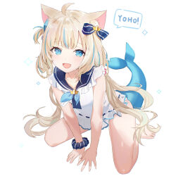 1girl absurdres ahoge animal_ears blonde_hair blue_bow blue_eyes blue_hair blue_scrunchie bow cat_ears commentary dedeko dress english_commentary fang fins fish_girl fish_tail hair_bow highres indie_virtual_youtuber long_hair looking_at_viewer multicolored_hair one_side_up open_mouth sameko_saba scrunchie skin_fang sleeveless sleeveless_dress smile solo streaked_hair tail very_long_hair virtual_youtuber white_dress